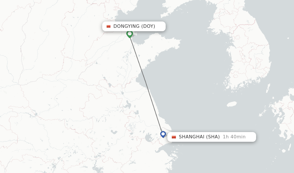 Flights from Dongying to Shanghai route map