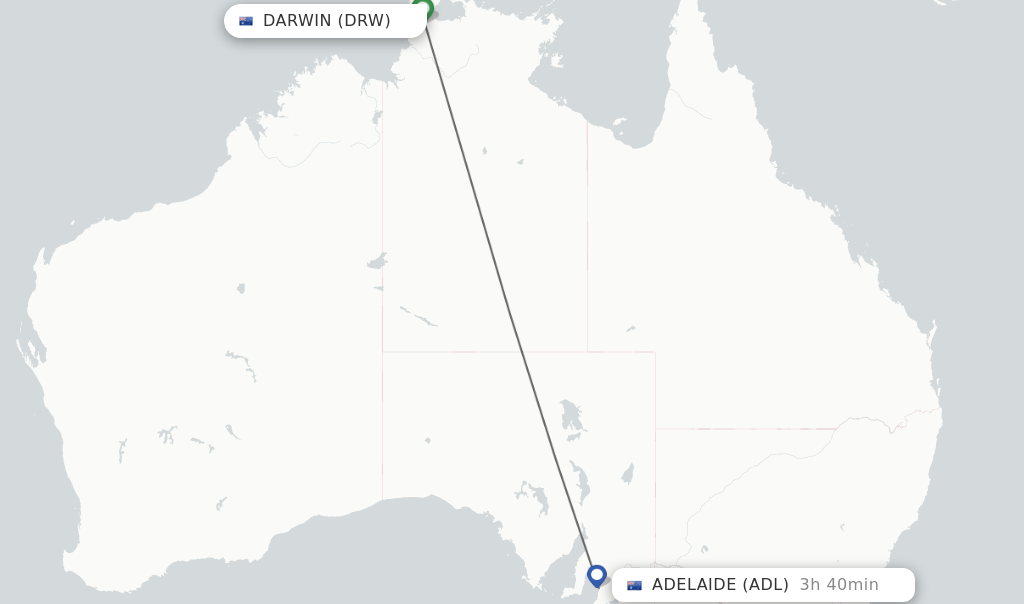Flights from Darwin to Adelaide route map