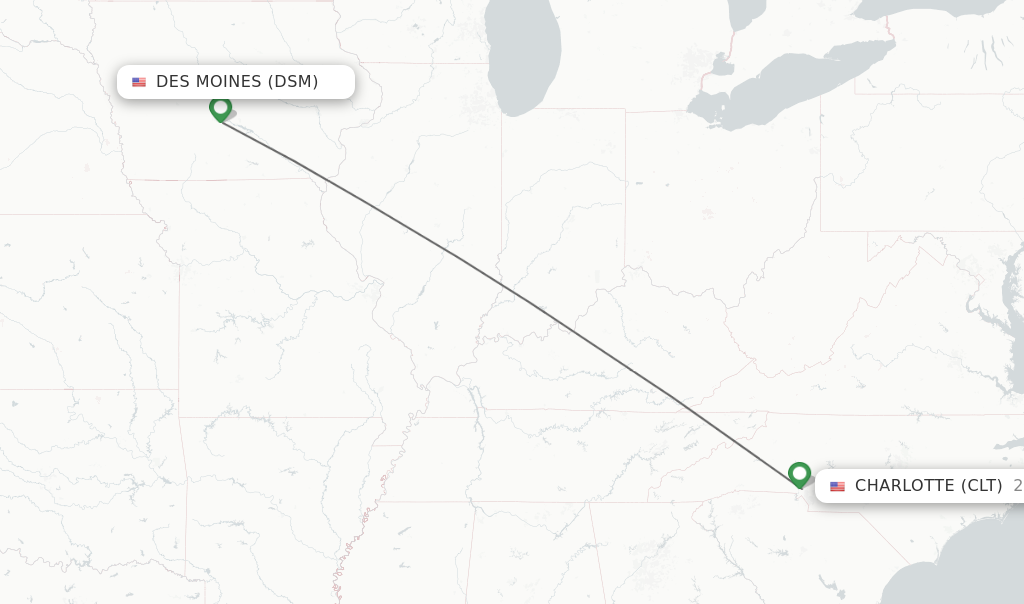 Flights from Des Moines to Charlotte route map