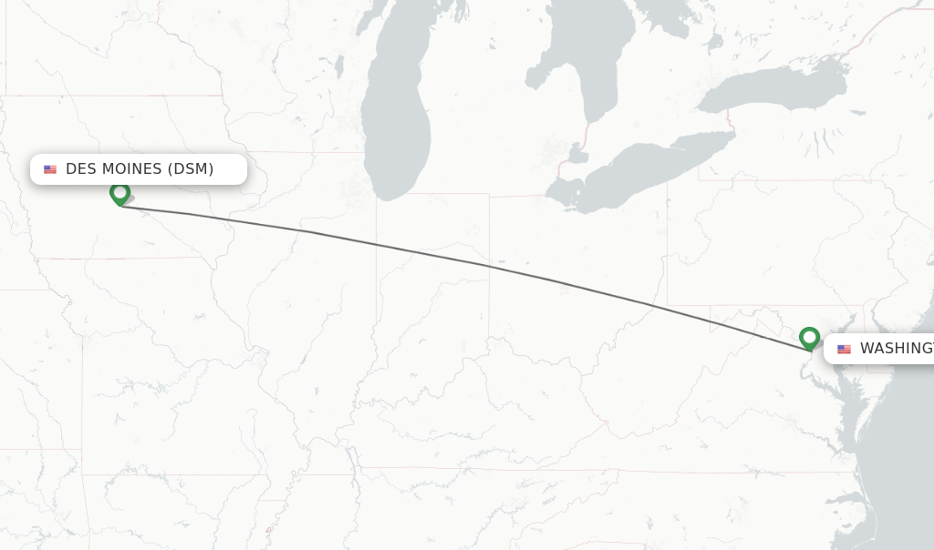 Flights from Des Moines to Washington route map
