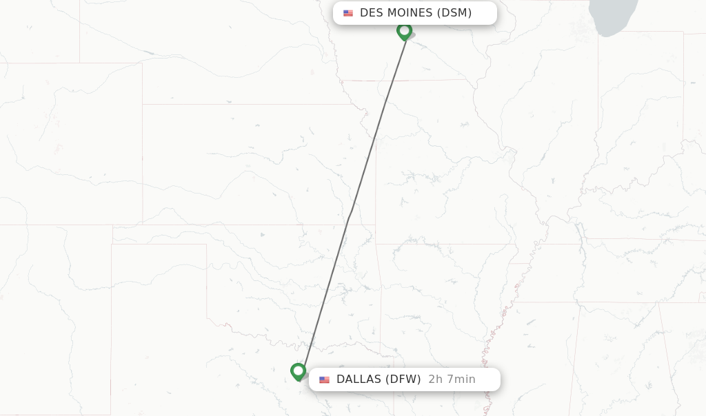 Flights from Des Moines to Dallas route map