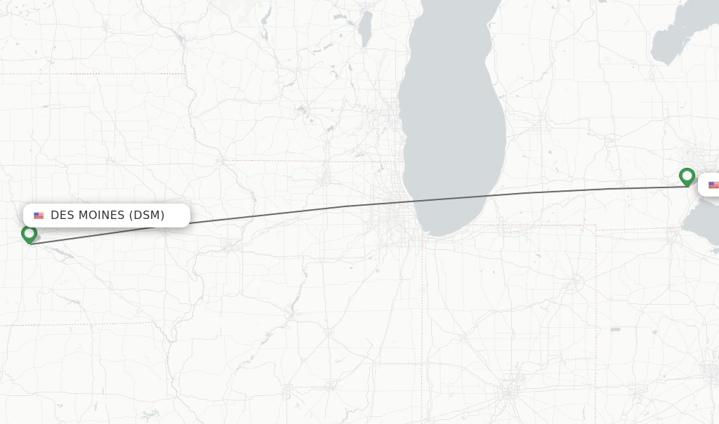 Flights from Des Moines to Detroit route map