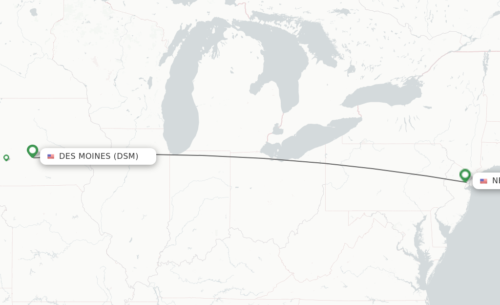Flights from Des Moines to New York route map