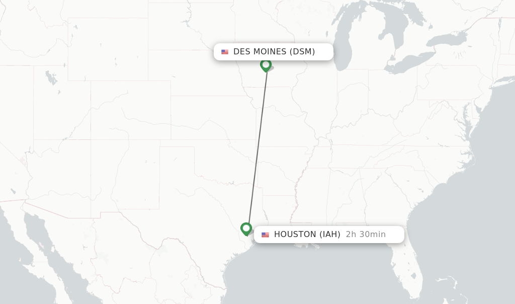 Flights from Des Moines to Houston route map