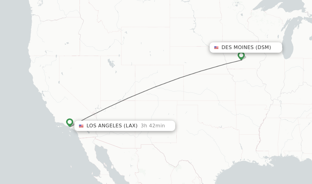 Flights from Des Moines to Los Angeles route map