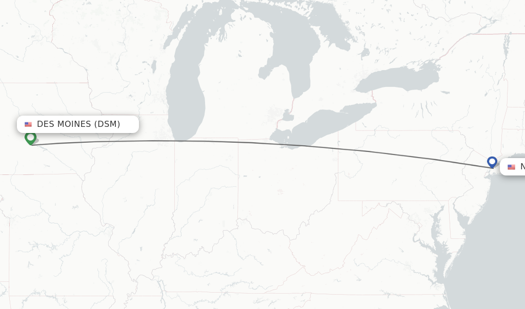 Flights from Des Moines to New York route map
