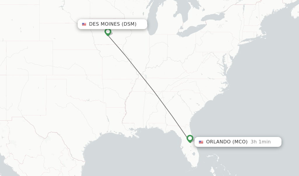 Flights from Des Moines to Orlando route map