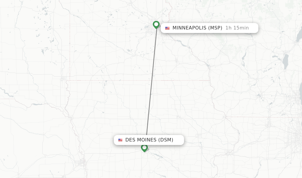 Flights from Des Moines to Minneapolis route map