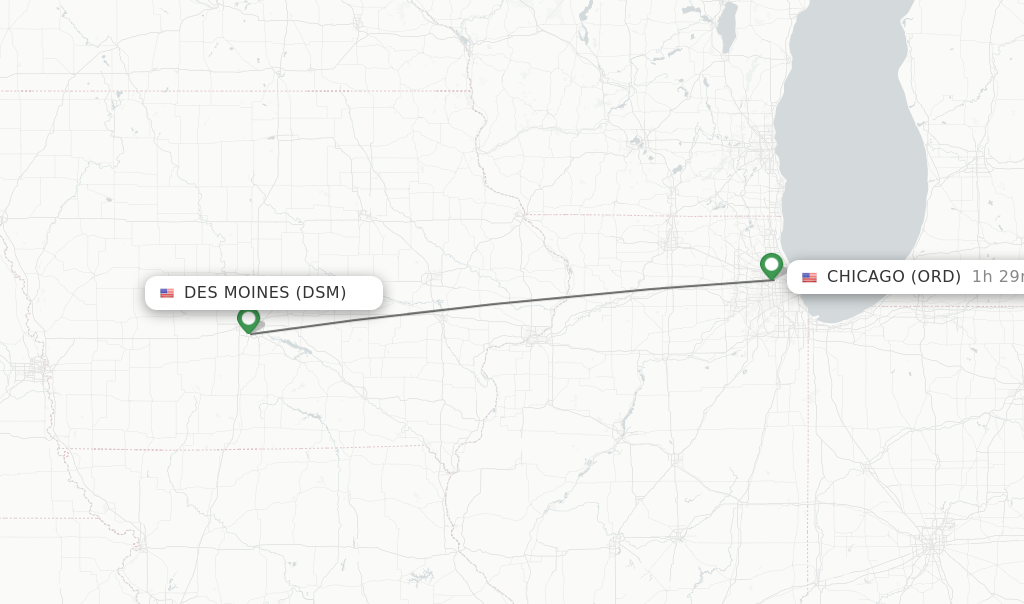 Flights from Des Moines to Chicago route map