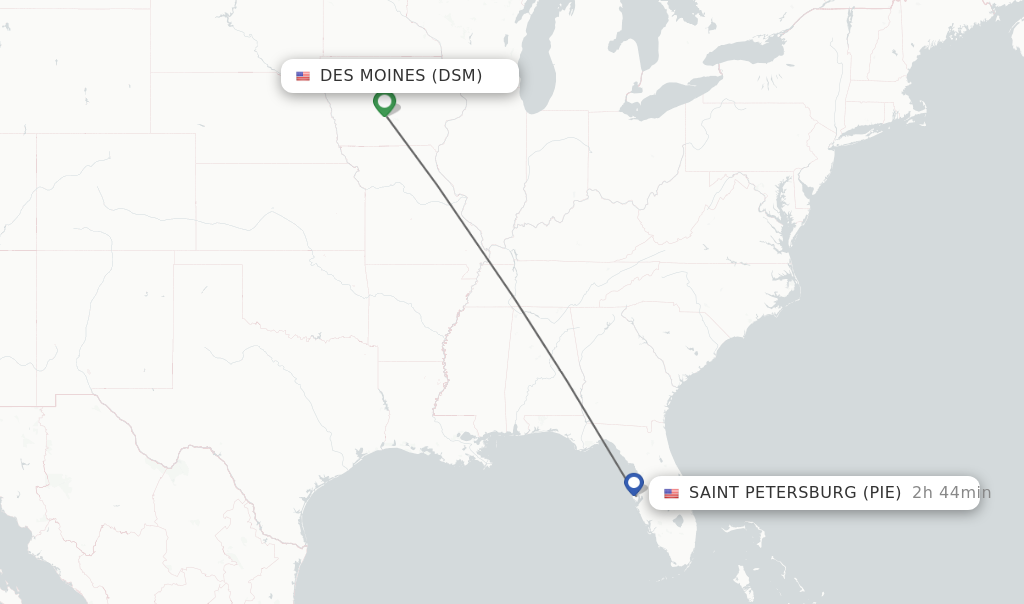 Flights from Des Moines to Saint Petersburg route map