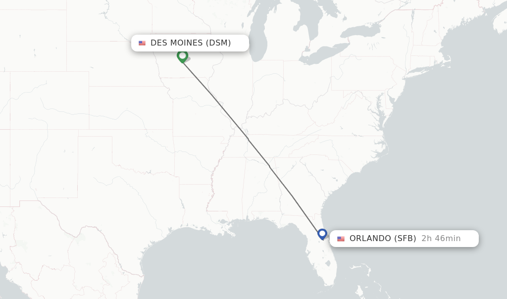 Flights from Des Moines to Orlando route map