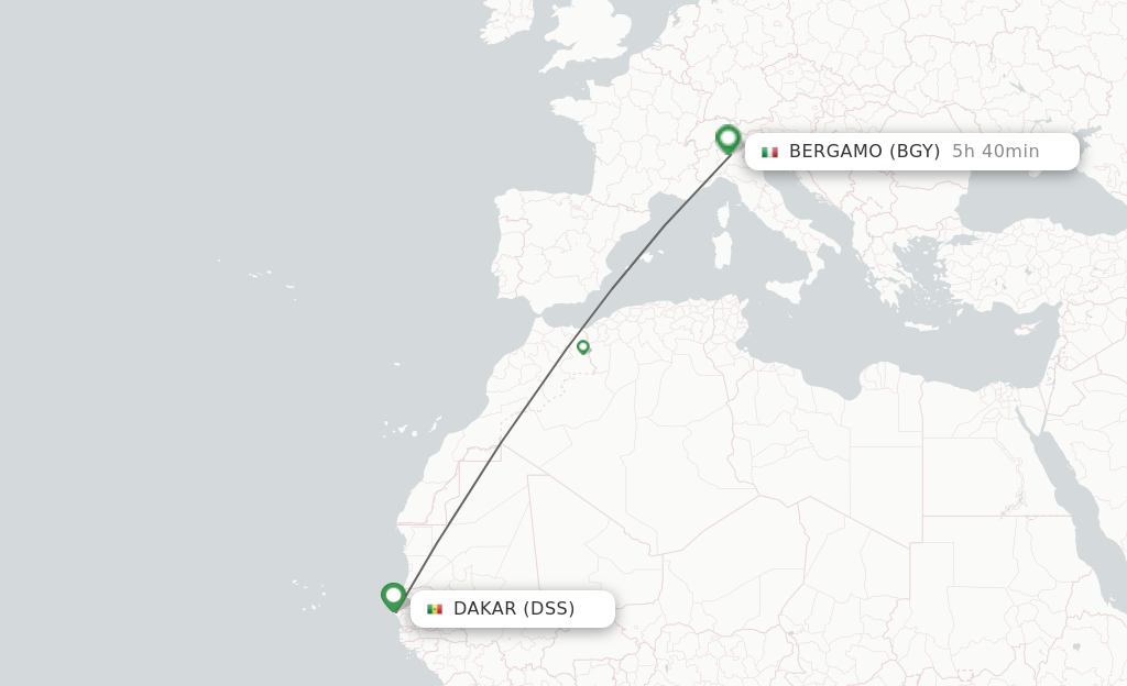 Flights from Dakar to Milan route map
