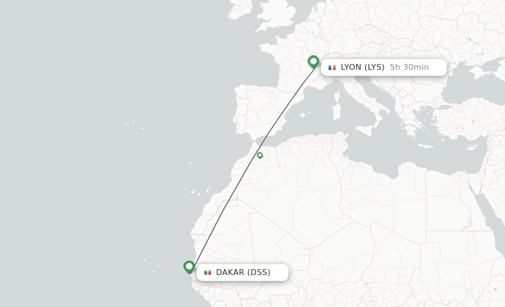 Flights from Dakar to Lyon route map