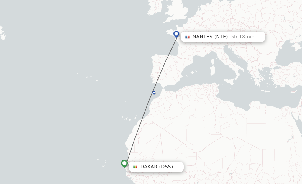 Flights from Dakar to Nantes route map