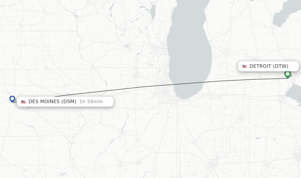 Flights from Detroit to Des Moines route map