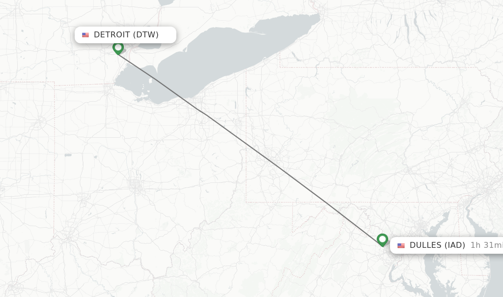 Flights from Detroit to Dulles route map