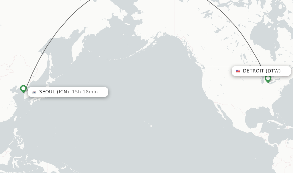 Flights from Detroit to Seoul route map
