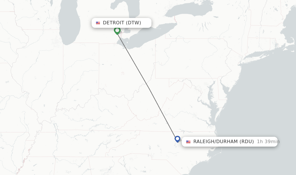 Flights from Detroit to Raleigh/Durham route map