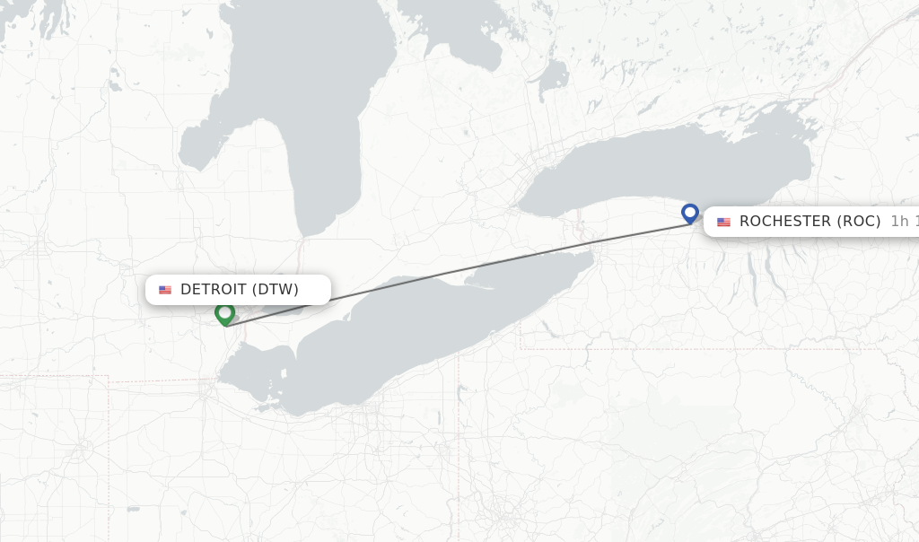 Flights from Detroit to Rochester route map
