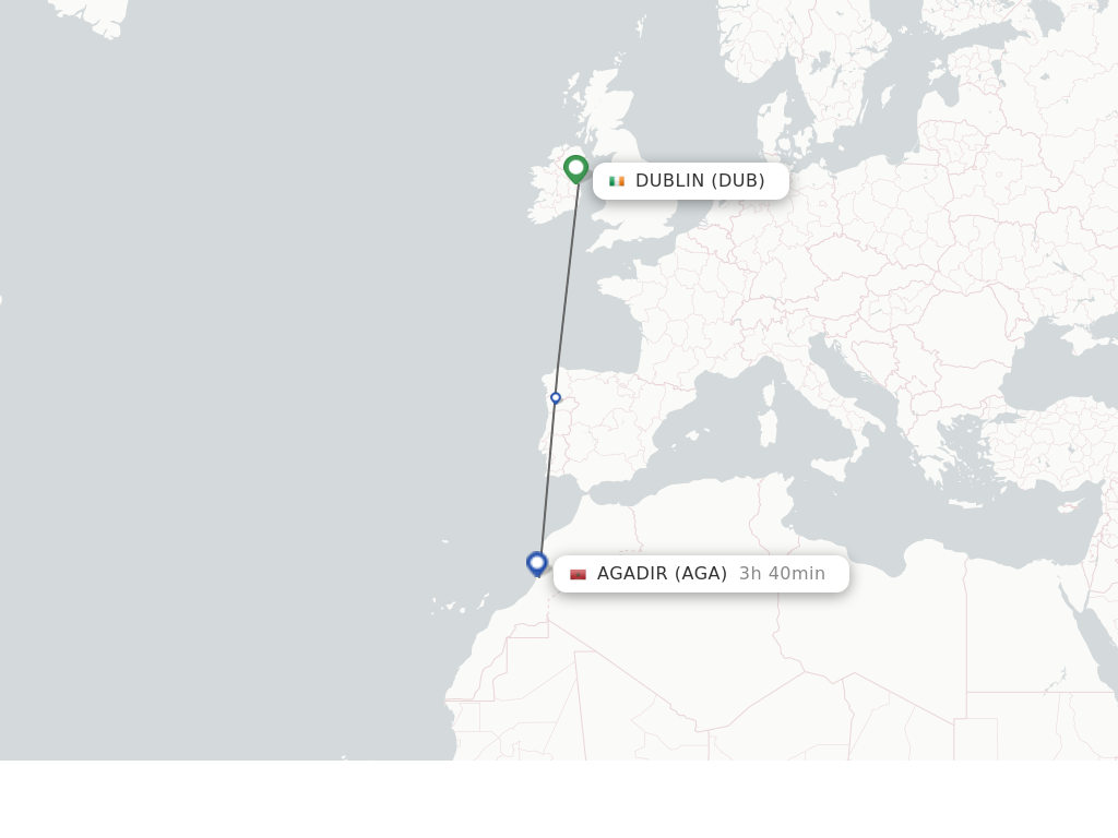 Flights from Dublin to Agadir route map