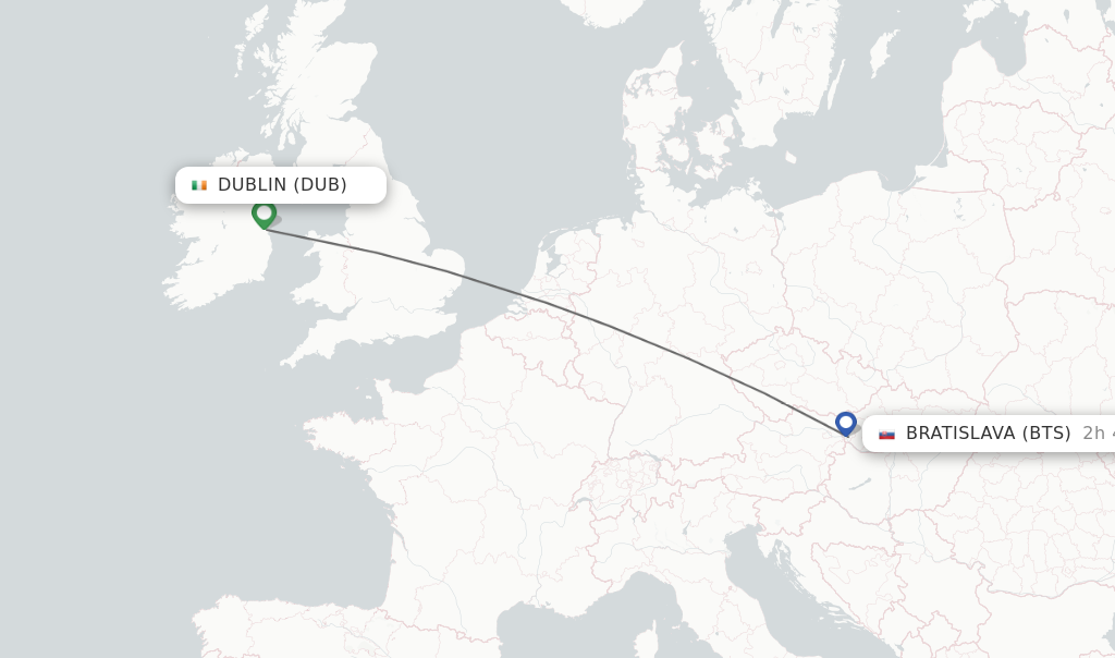 Flights from Dublin to Bratislava route map