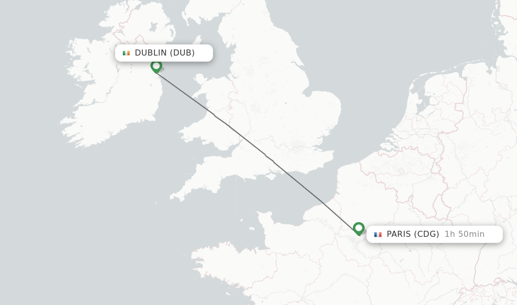 Flights from Dublin to Paris route map