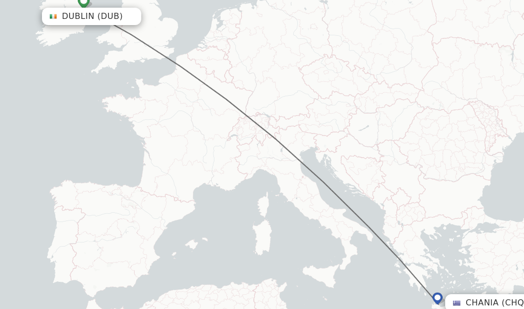 Flights from Dublin to Chania route map