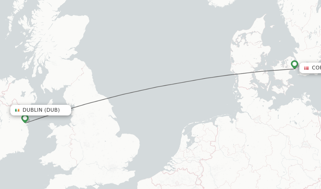Flights from Dublin to Copenhagen route map