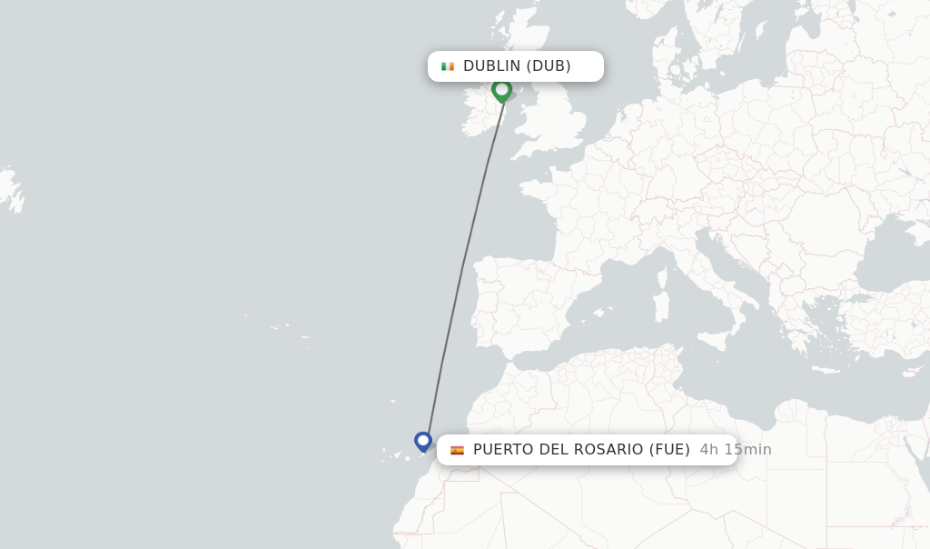 Flights from Dublin to Puerto del Rosario route map