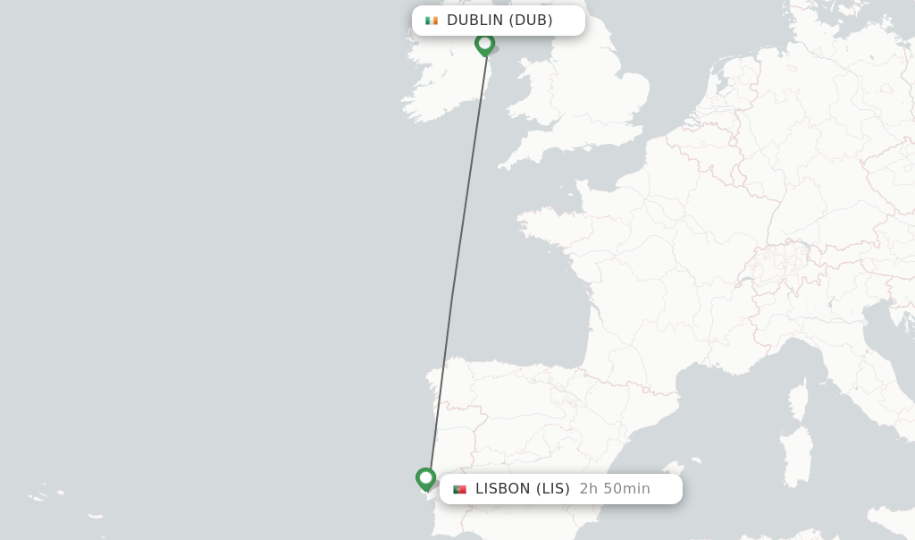 Flights from Dublin to Lisbon route map