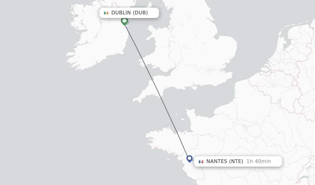 Flights from Dublin to Nantes route map