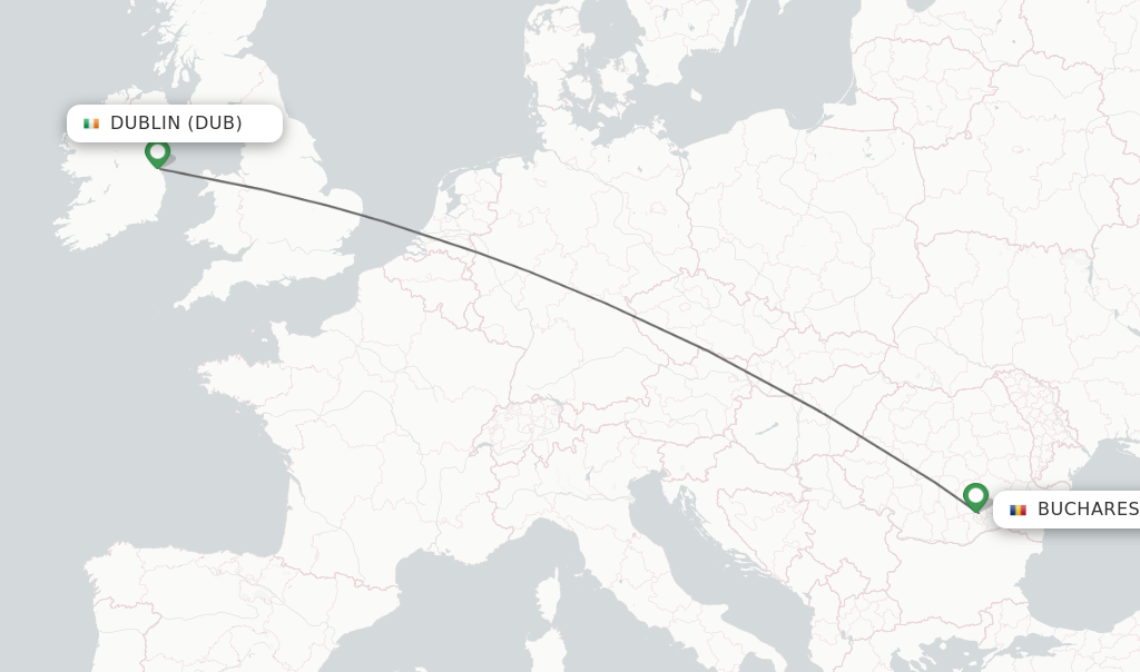 Flights from Dublin to Bucharest route map