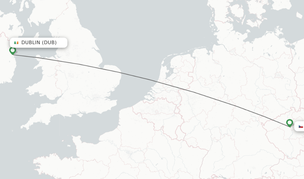 Flights from Dublin to Prague route map