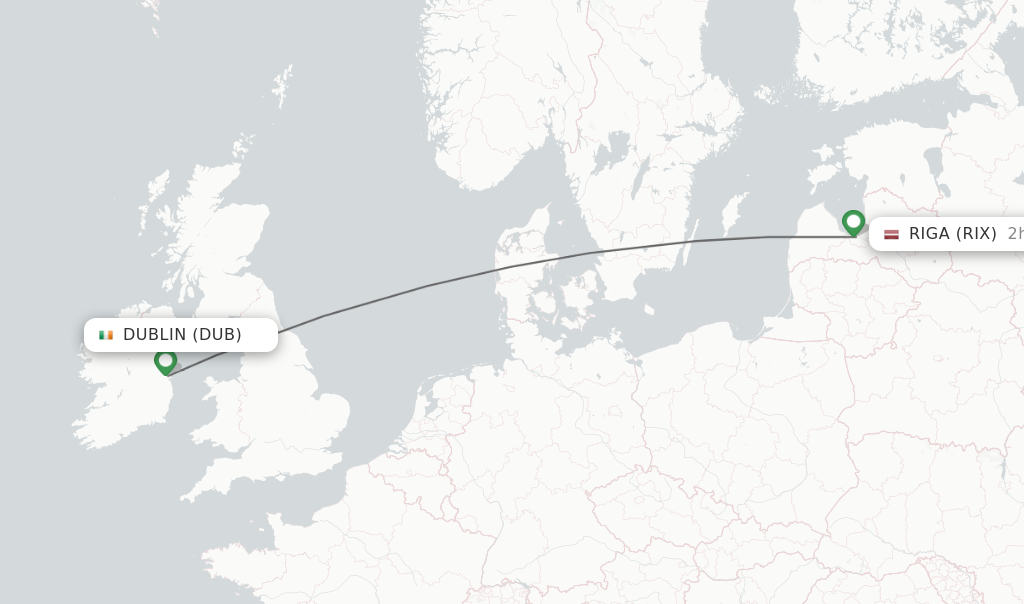 Flights from Dublin to Riga route map