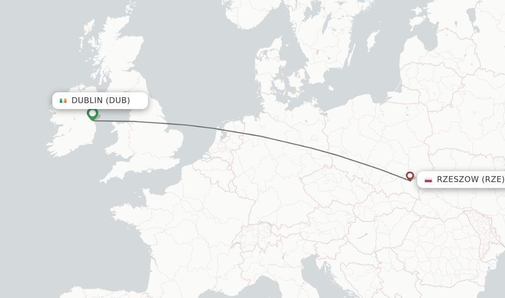 Flights from Dublin to Rzeszow route map