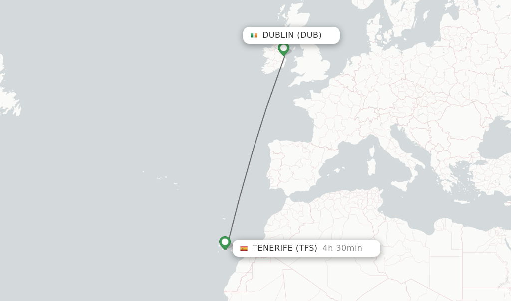 Flights from Dublin to Tenerife route map