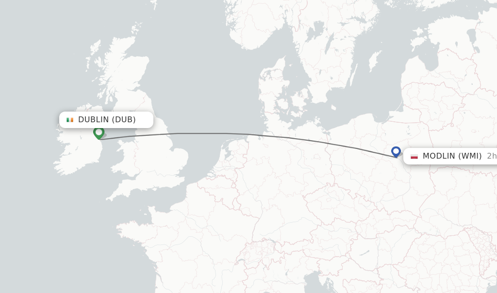 Flights from Dublin to Modlin route map