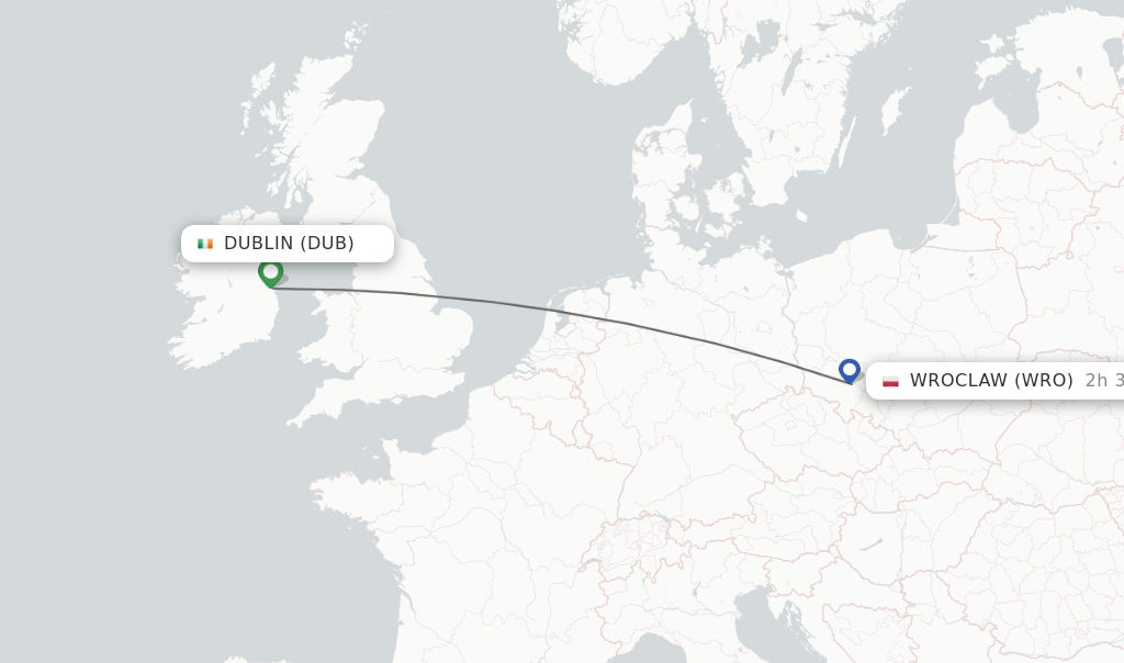 Flights from Dublin to Wroclaw route map