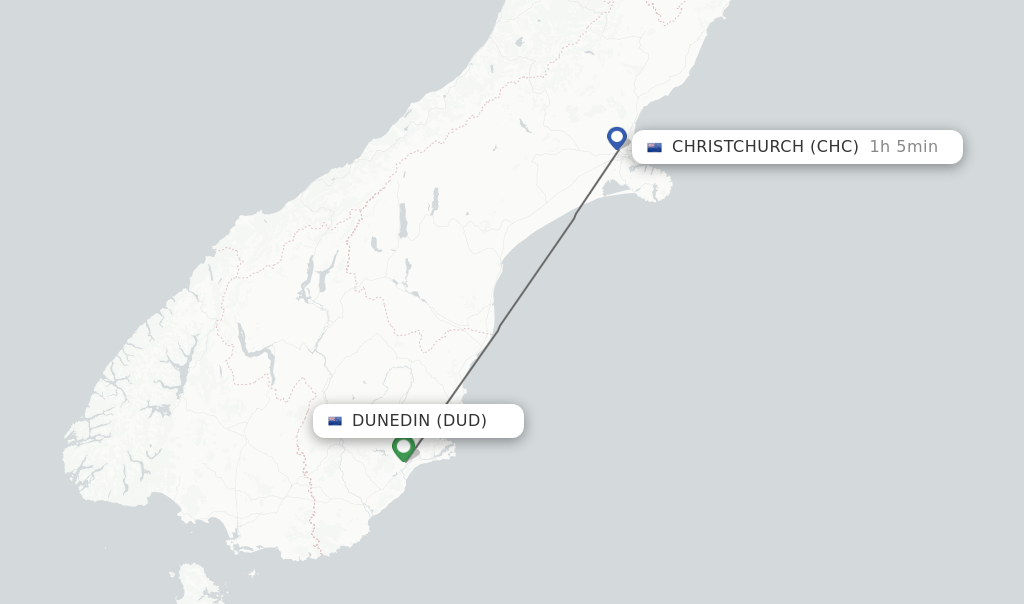 Flights from Dunedin to Christchurch route map