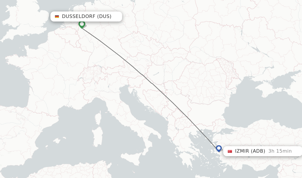 Flights from Dusseldorf to Izmir route map