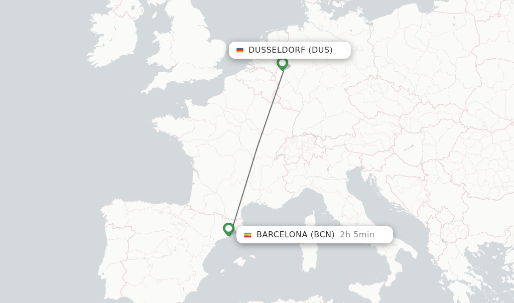 Flights from Dusseldorf to Barcelona route map