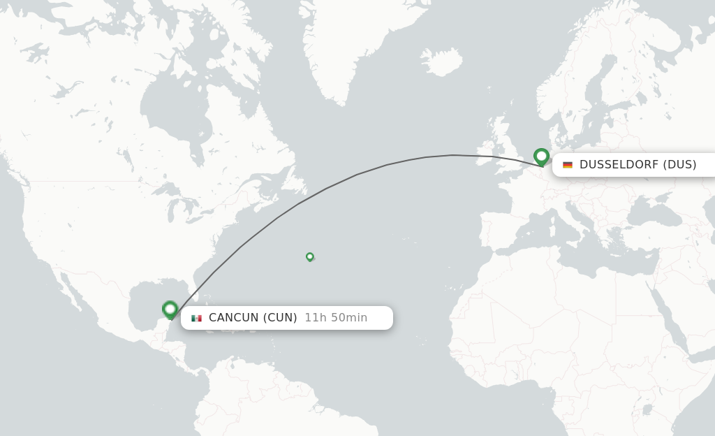 Flights from Dusseldorf to Cancun route map