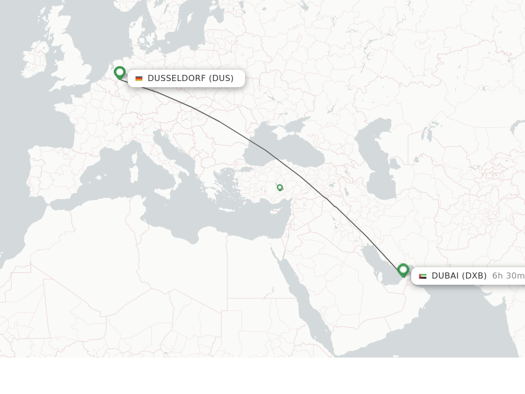 Flights from Dusseldorf to Dubai route map