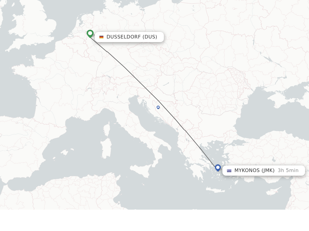 Flights from Dusseldorf to Mykonos route map