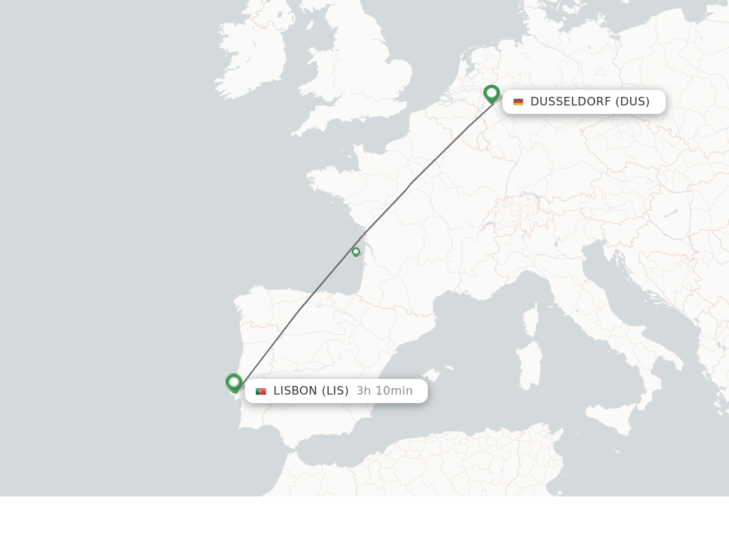 Flights from Dusseldorf to Lisbon route map