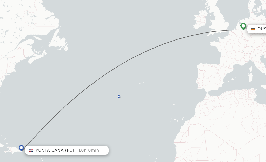 Flights from Dusseldorf to Punta Cana route map