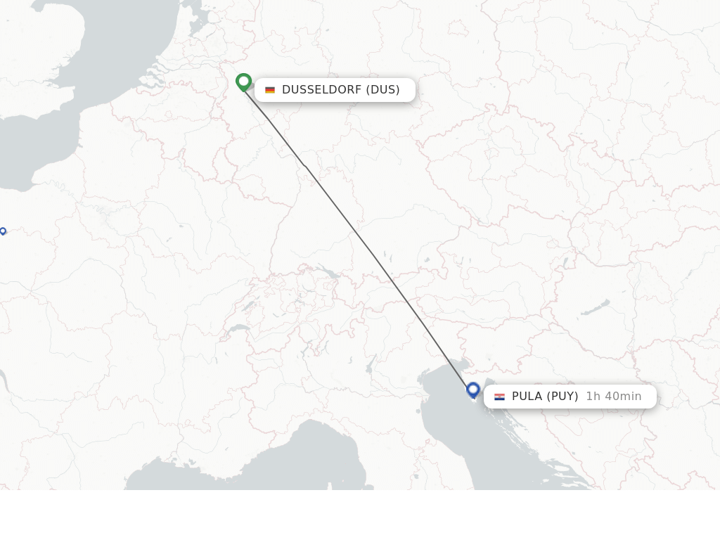 Flights from Dusseldorf to Pula route map