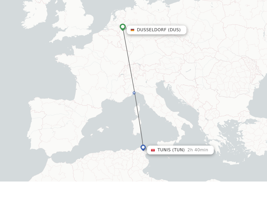 Flights from Dusseldorf to Tunis route map