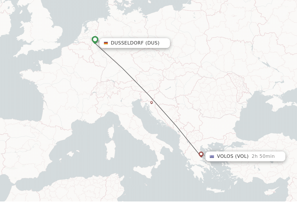 Flights from Dusseldorf to Volos route map