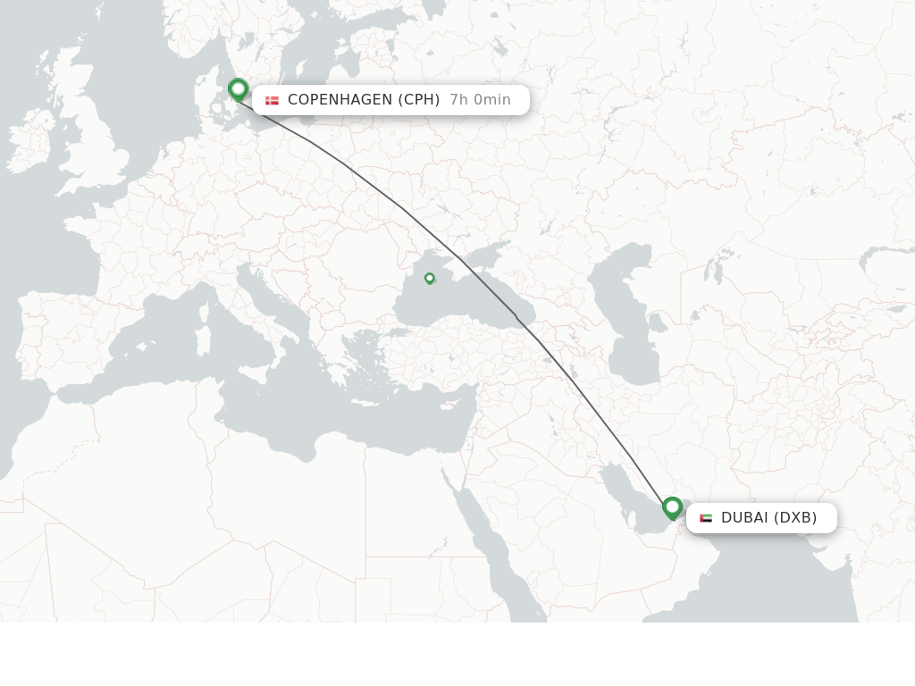 Flights from Dubai to Copenhagen route map